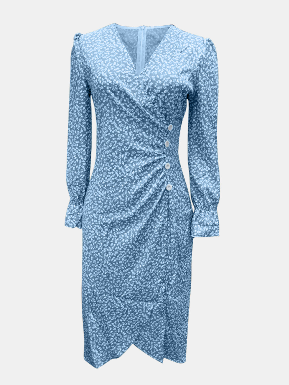 Full Size Printed Surplice Long Sleeve Midi Dress - RebelReine Apparel & Co.