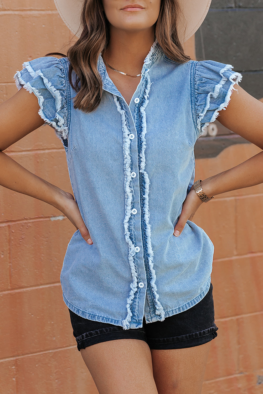 Raw Hem Button Up Cap Sleeve Denim Top - RebelReine Apparel & Co.