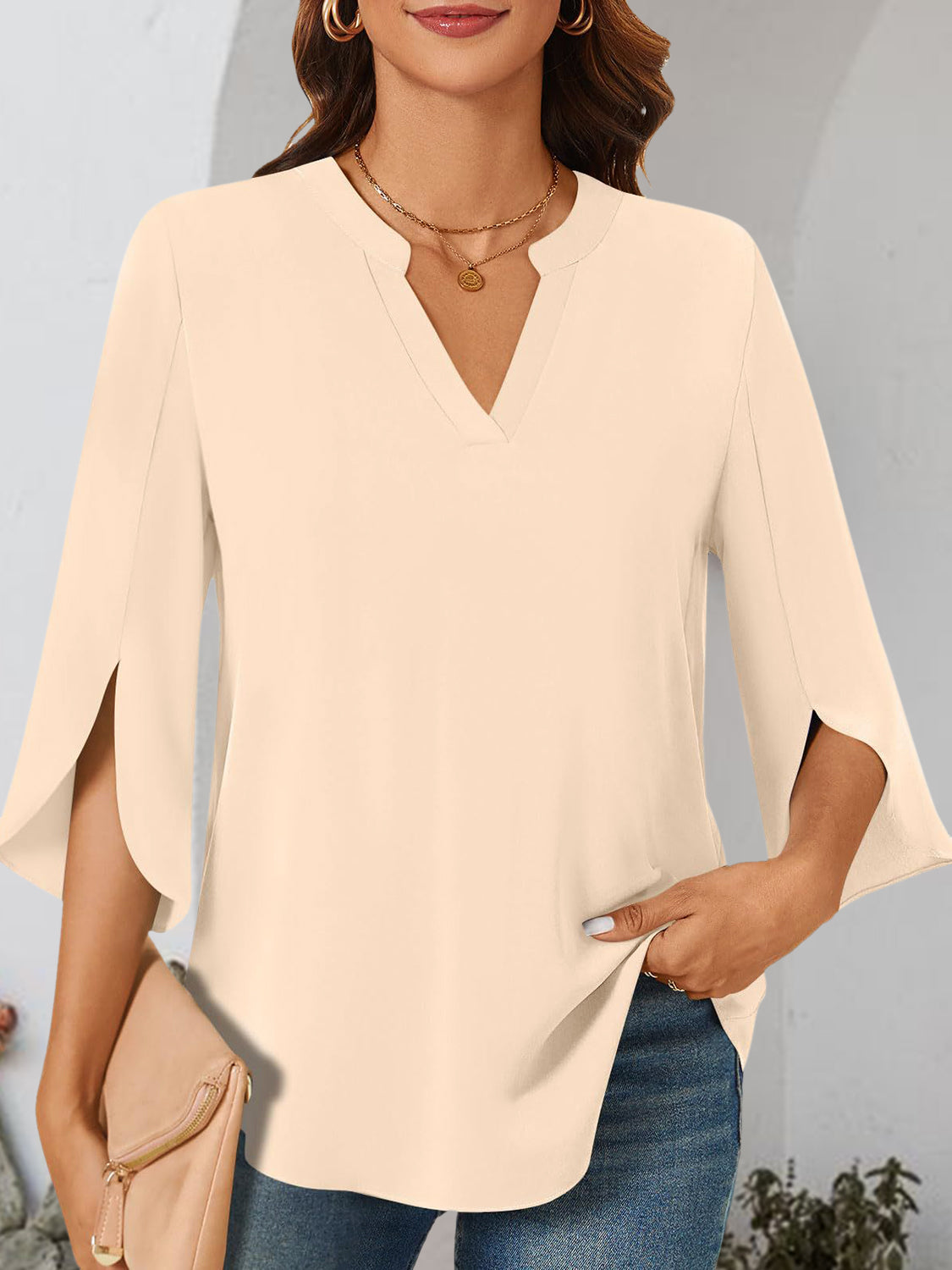 Notched Slit Half Sleeve Blouse - RebelReine Apparel & Co.