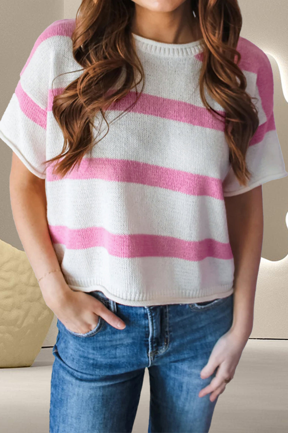 Striped Round Neck Short Sleeve Knit Top - RebelReine Apparel & Co.