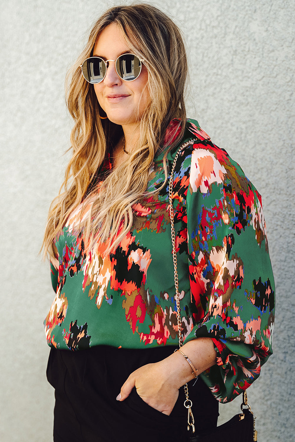 Plus Size Printed Johnny Collar Long Sleeve Blouse - RebelReine Apparel & Co.