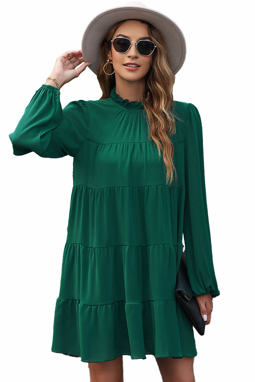 Green Puff Sleeve Mock Neck Back Knot Tiered Dress - RebelReine Apparel & Co.