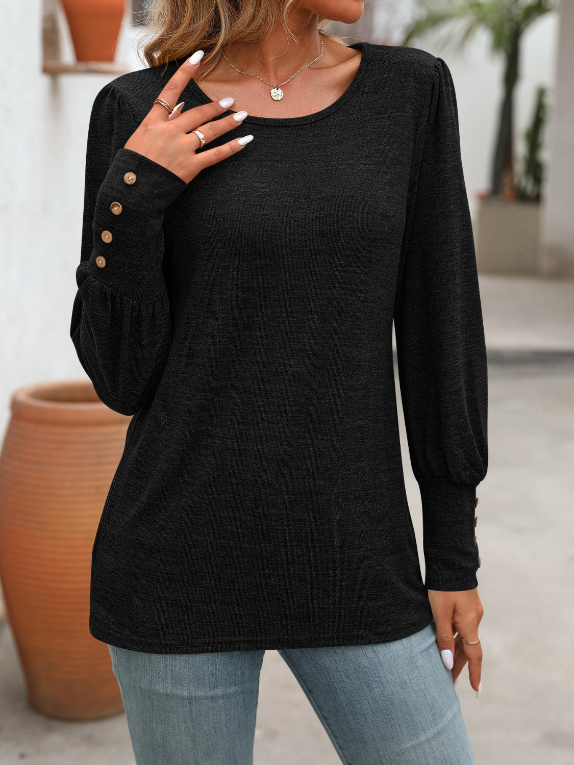 Decorative Button Round Neck Long Sleeve T-Shirt