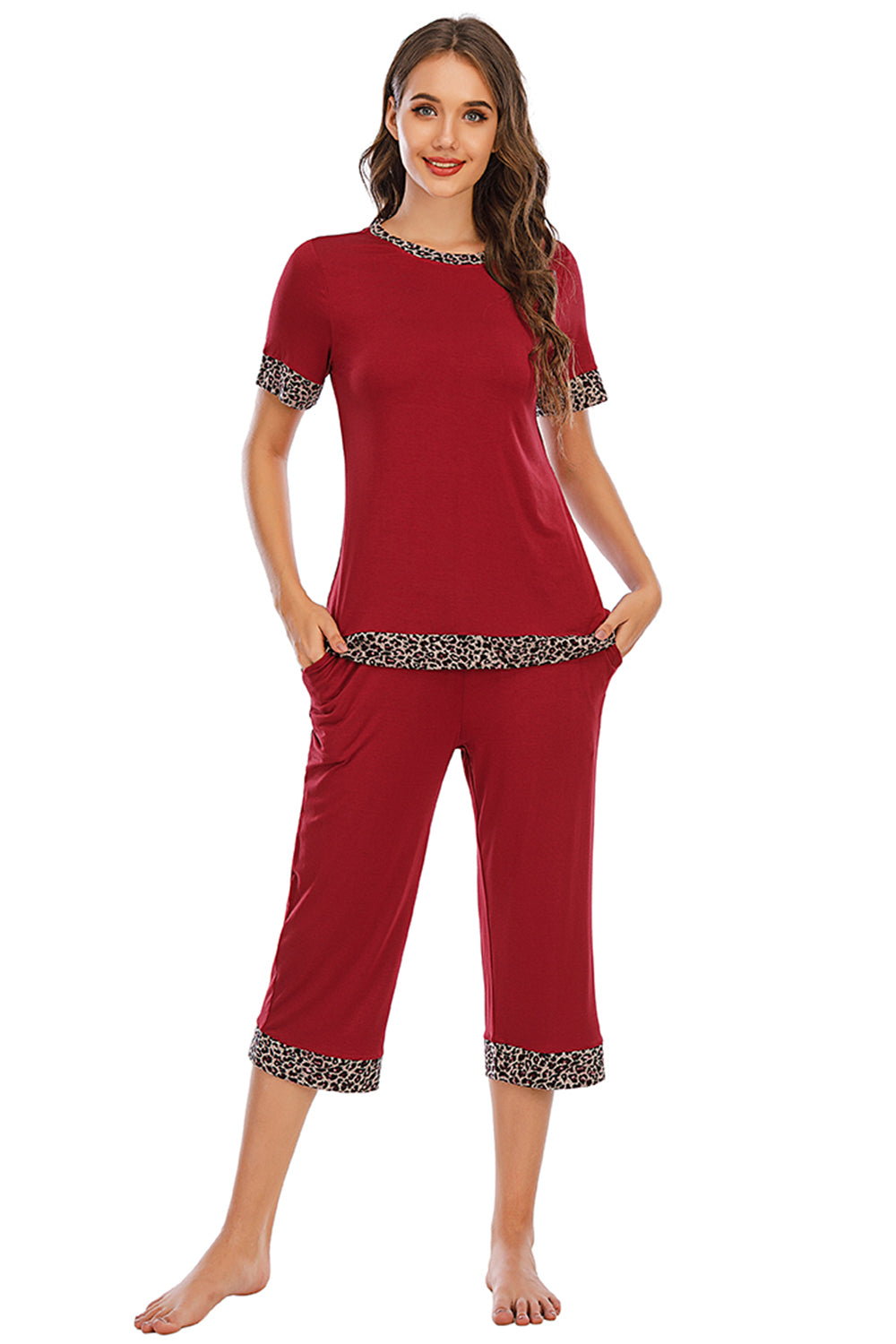 Round Neck Short Sleeve Top and Capris Pants Lounge Set - RebelReine Apparel & Co.