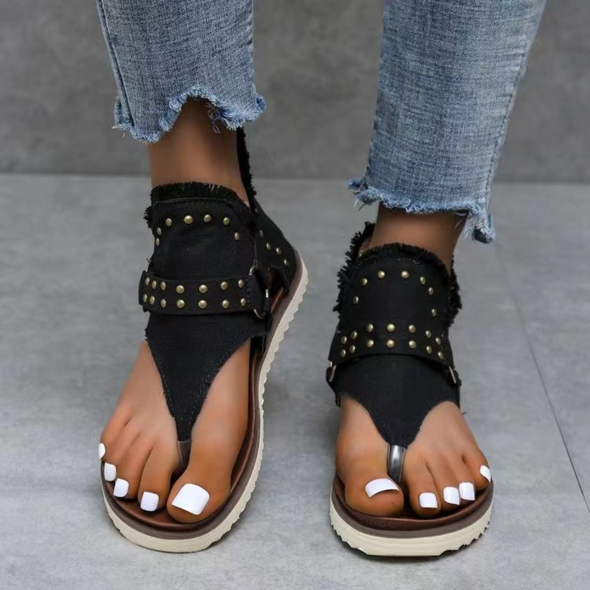 Studded Raw Hem Flat Sandals - RebelReine Apparel & Co.