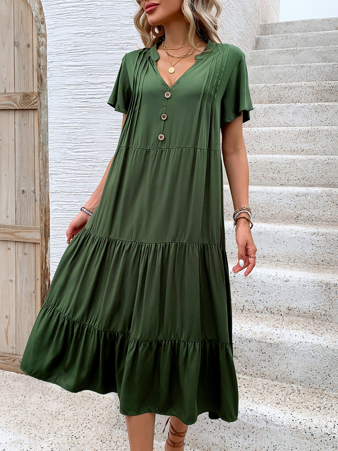 Tiered Notched Short Sleeve Midi Dress - RebelReine Apparel & Co.