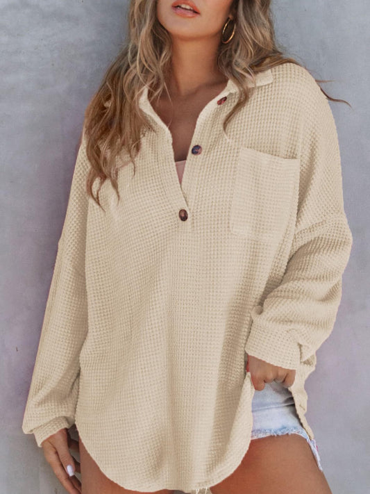 Waffle-Knit Dropped Shoulder Long Sleeve Sweatshirt - RebelReine Apparel & Co.