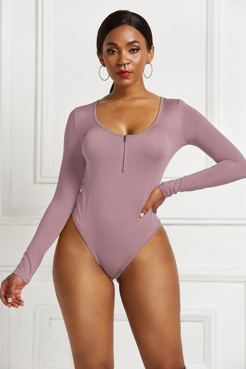 Half Zip Scoop Neck Long Sleeve Bodysuit Trendsi