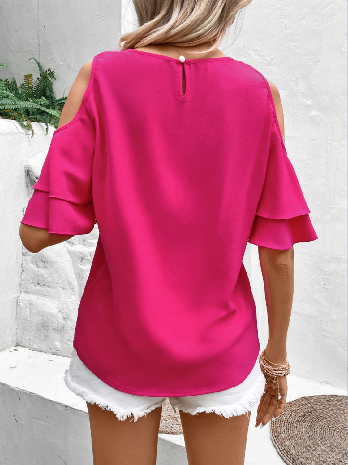 Cold Shoulder Flounce Sleeve Blouse - RebelReine Apparel & Co.