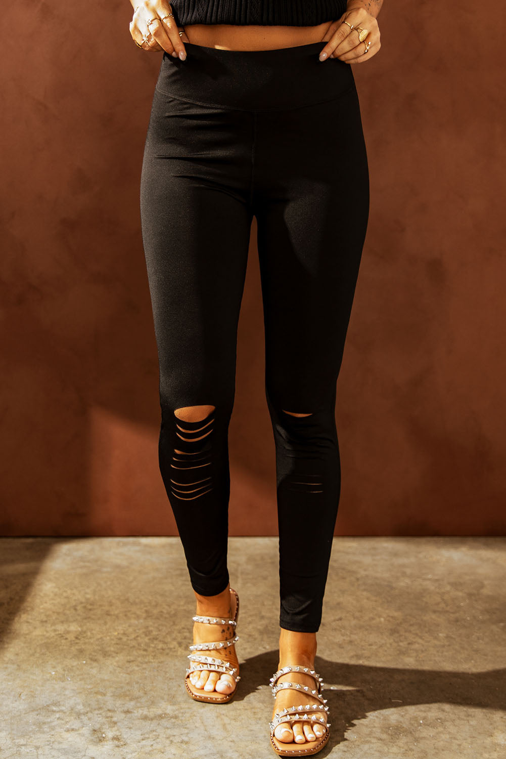 Double Take Wide Waistband Distressed Slim Fit Leggings - RebelReine Apparel & Co.