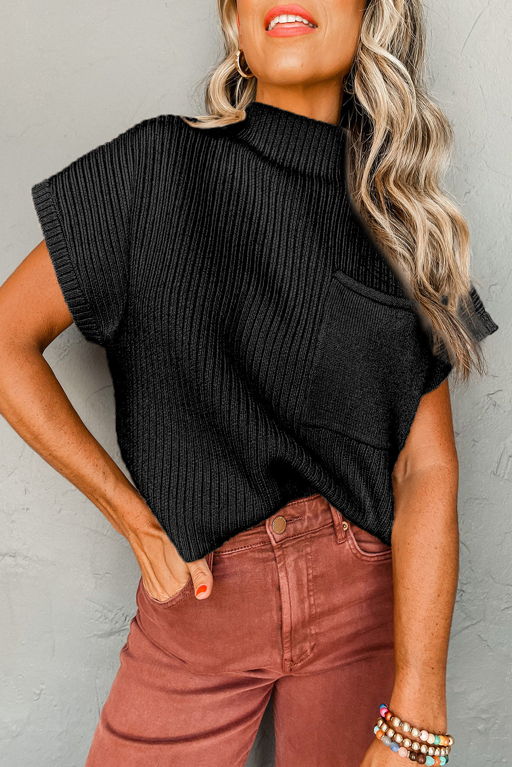 Black Patch Pocket Ribbed Knit Short Sleeve Sweater - RebelReine Apparel & Co.