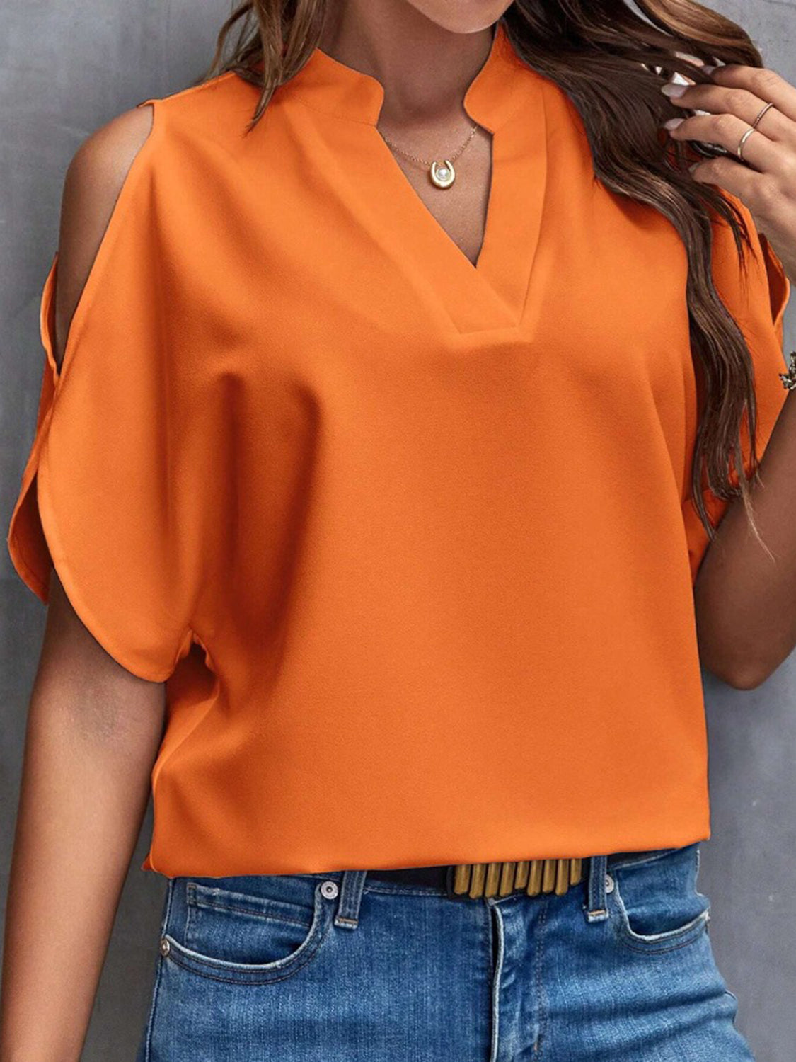 Notched Cold Shoulder Half Sleeve Blouse - RebelReine Apparel & Co.