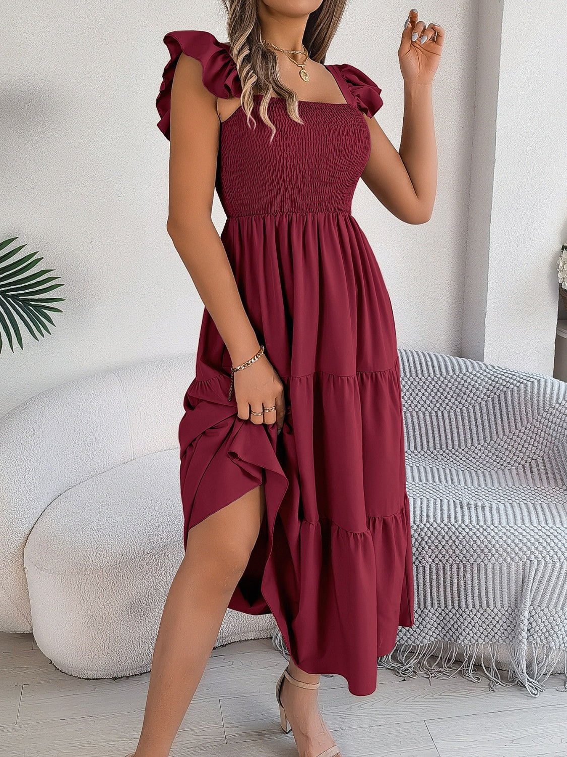 Smocked Square Neck Cap Sleeve Midi Dress - RebelReine Apparel & Co.