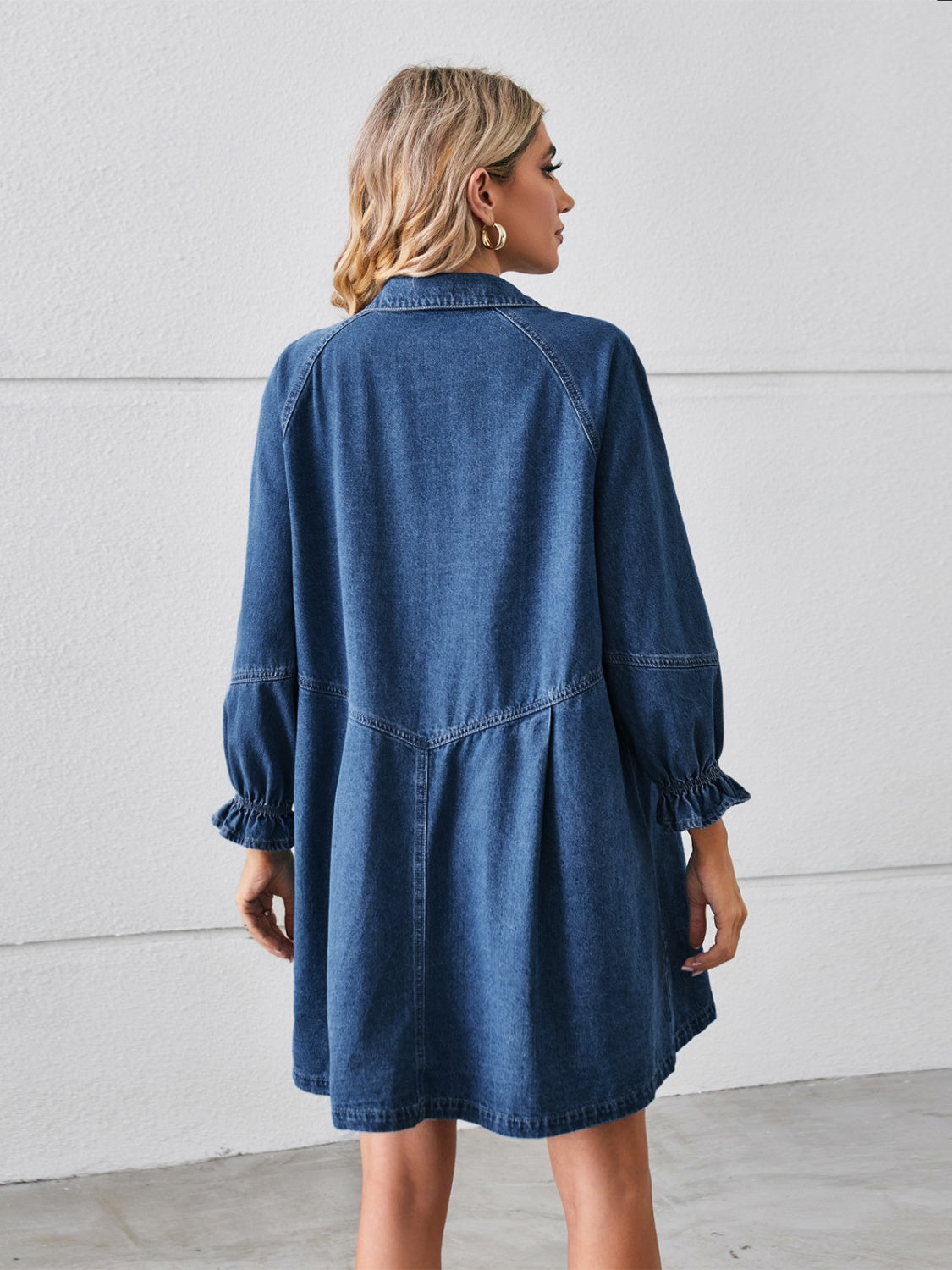 Button Up Flounce Sleeve Mini Denim Dress - RebelReine Apparel & Co.