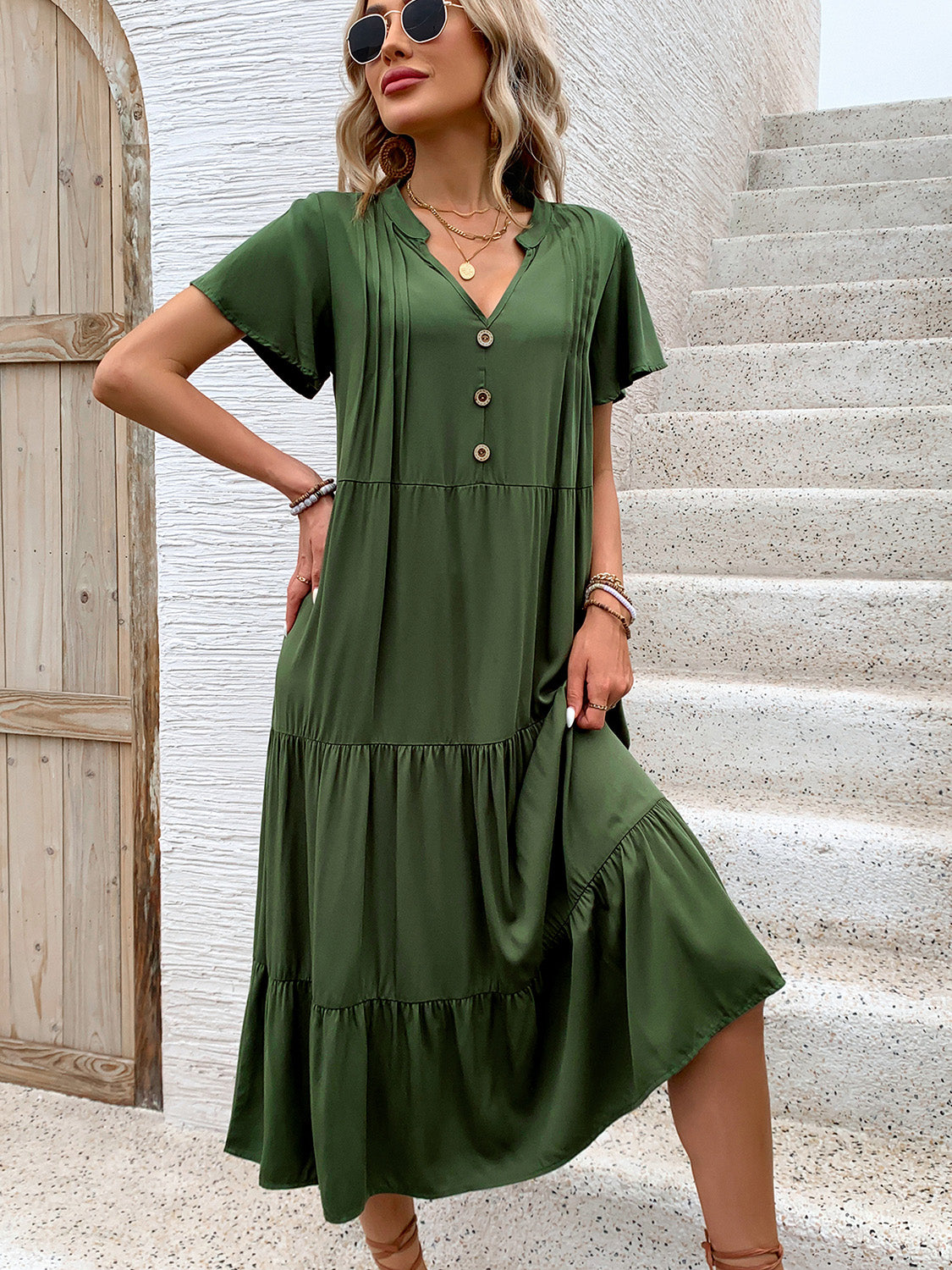 Tiered Notched Short Sleeve Midi Dress - RebelReine Apparel & Co.