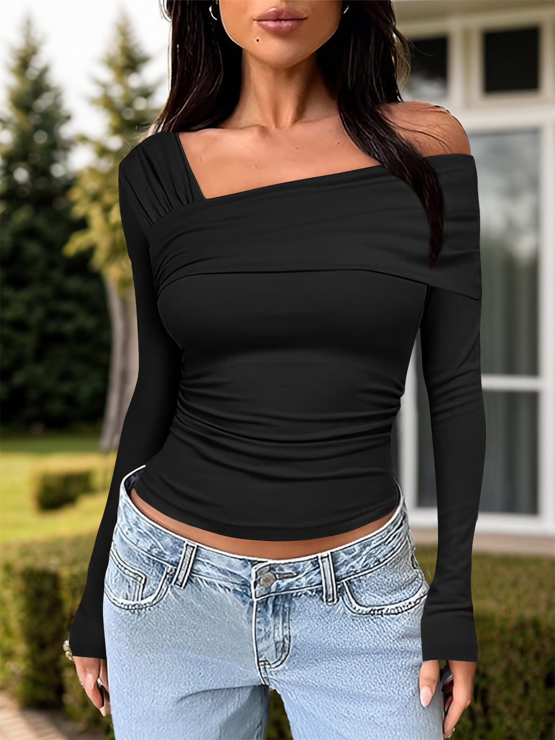 Ruched One Shoulder Long Sleeve T-Shirt - RebelReine Apparel & Co.