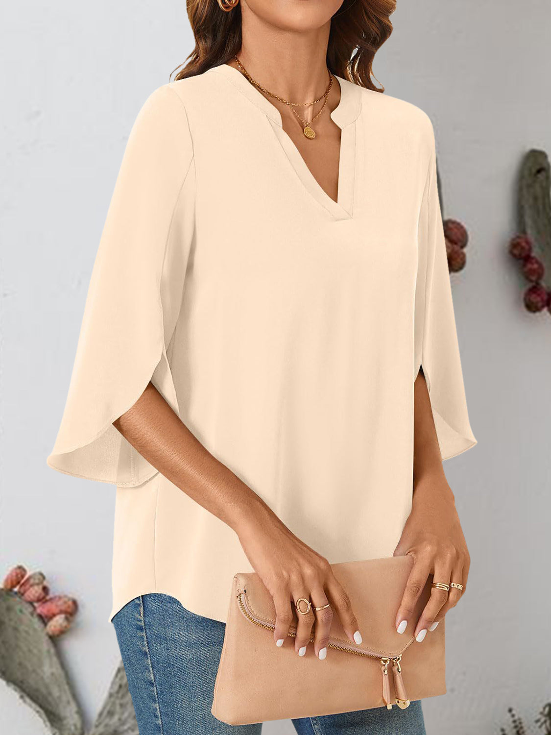 Notched Slit Half Sleeve Blouse - RebelReine Apparel & Co.