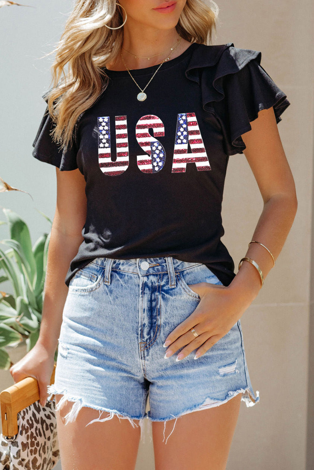 USA Round Neck Flounce Sleeve Top - RebelReine Apparel & Co.