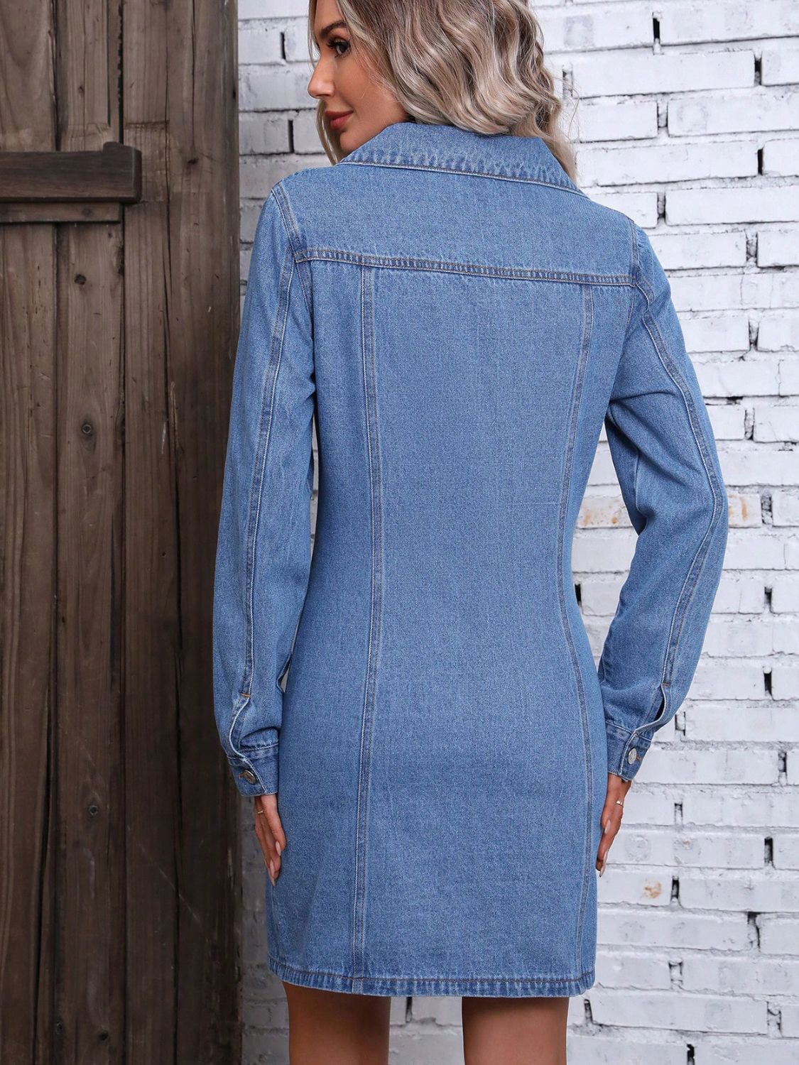 Ruched Button Up Long Sleeve Denim Dress - RebelReine Apparel & Co.