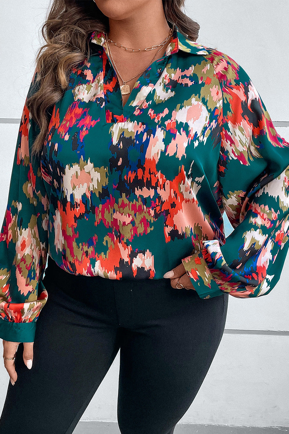 Plus Size Printed Johnny Collar Long Sleeve Blouse - RebelReine Apparel & Co.