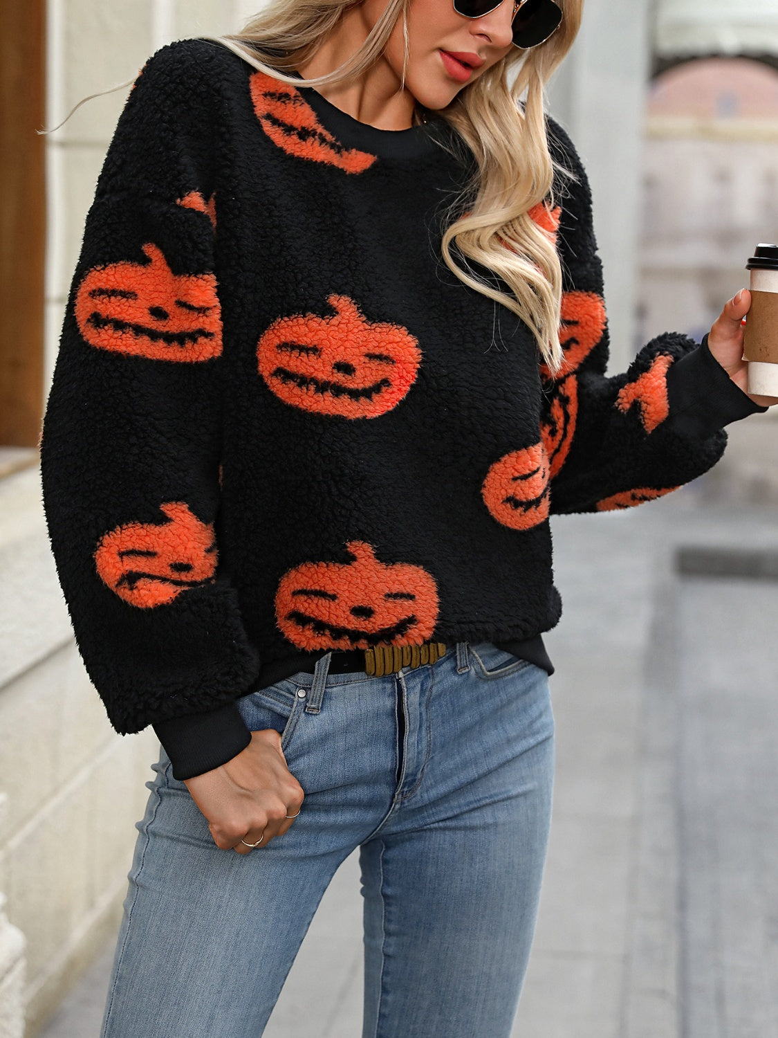 Fuzzy Pumpkin Round Neck Dropped Shoulder Sweater