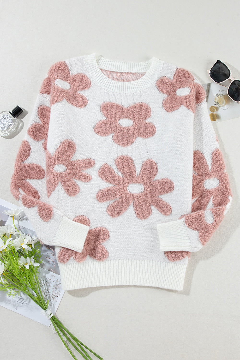 Flower Round Neck Long Sleeve Knit Top - RebelReine Apparel & Co.