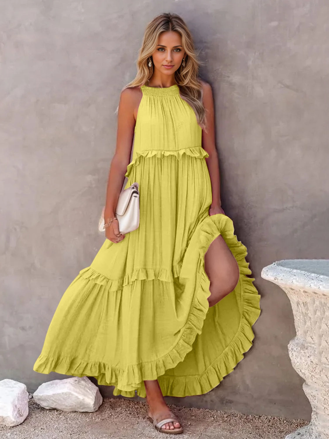 Ruffled Sleeveless Tiered Maxi Dress with Pockets - RebelReine Apparel & Co.