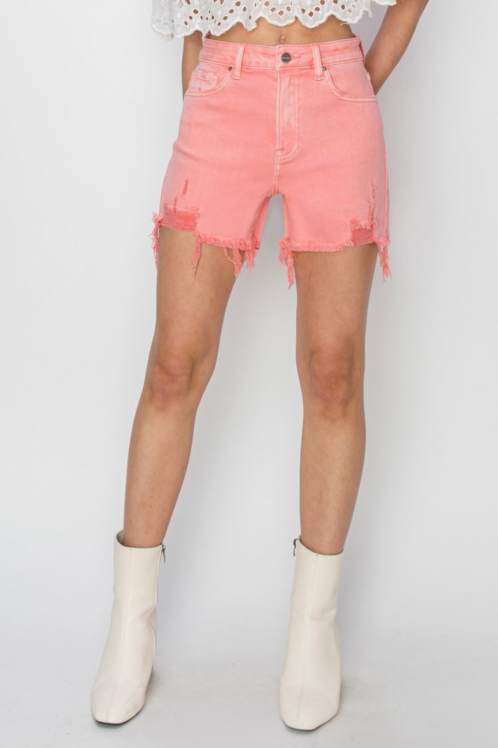 RISEN High Rise Distressed Denim Shorts - RebelReine Apparel & Co.