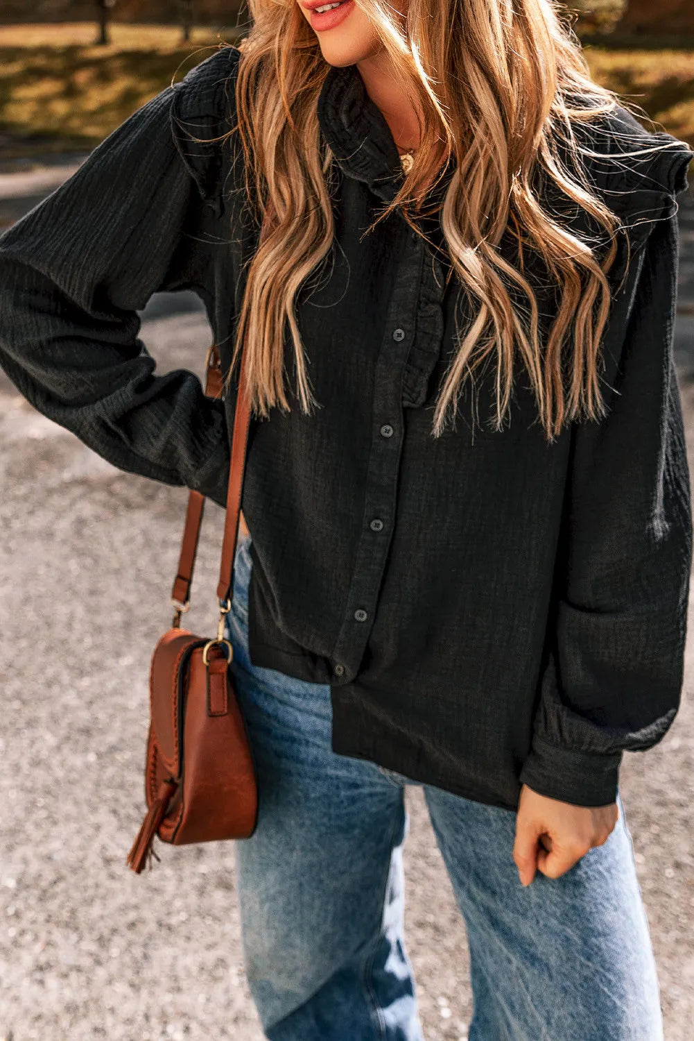 Ruffled Button Up Long Sleeve Shirt