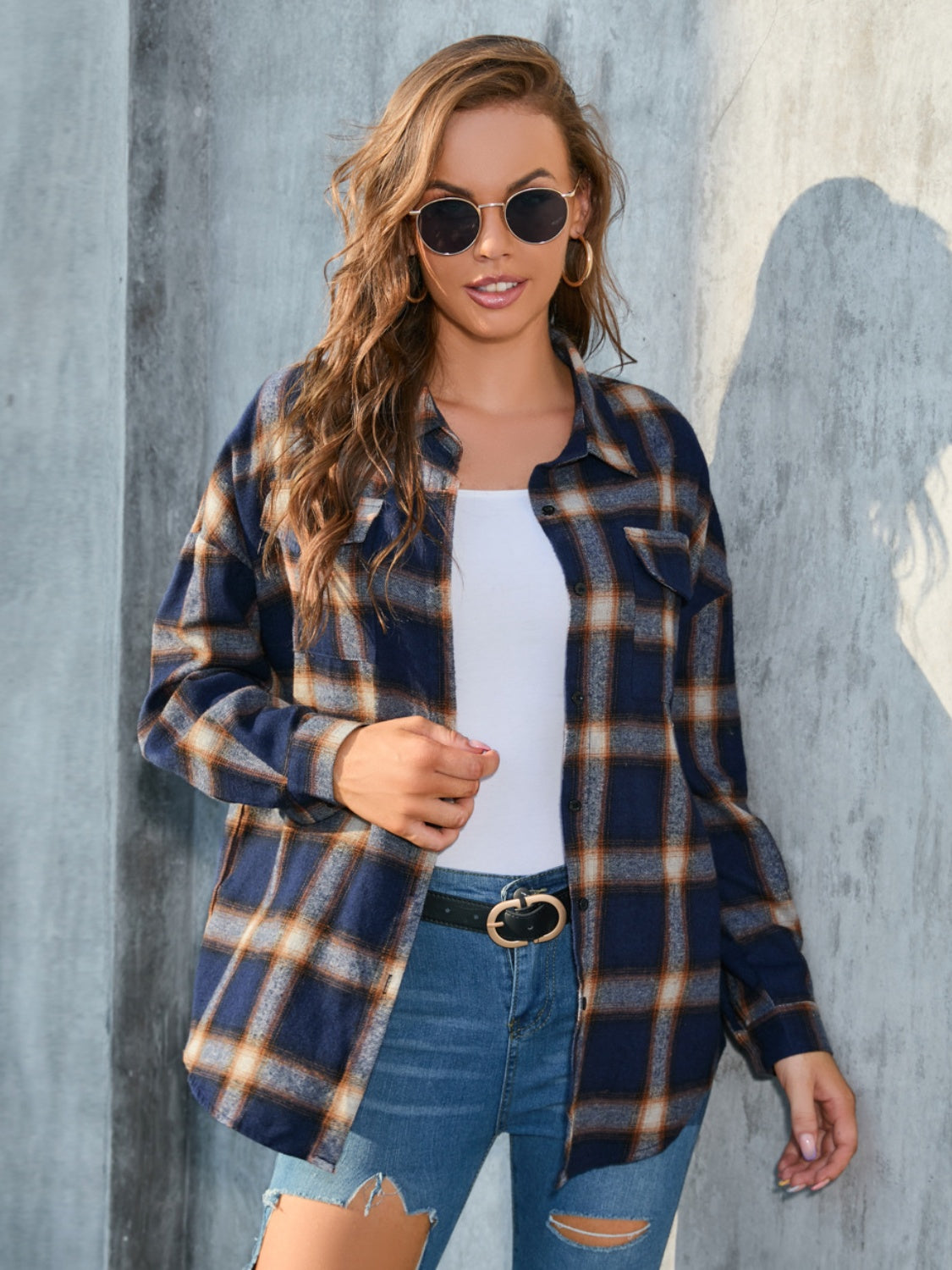 Full Size Plaid Button Up Pocketed Shirt