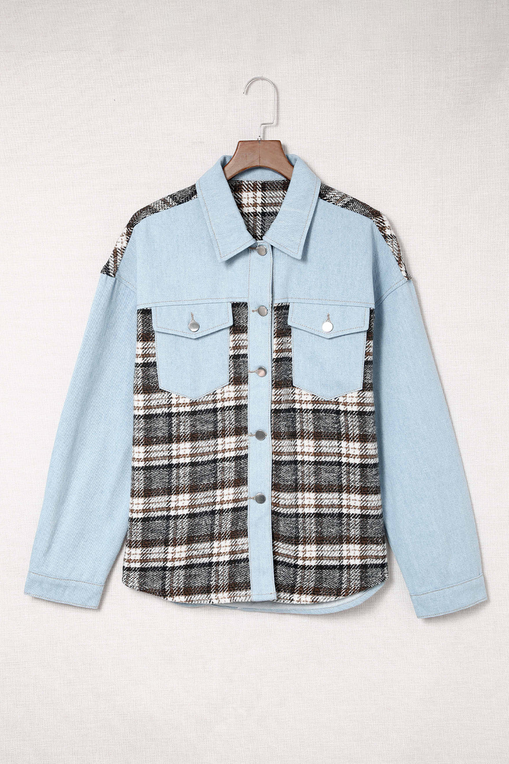 Plaid Pocketed Button Up Denim Jacket - RebelReine Apparel & Co.