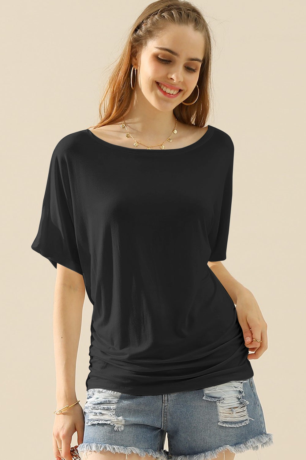 Ninexis Boat Neck Short Sleeve Ruched Side Top - RebelReine Apparel & Co.