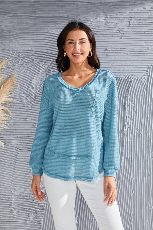 Waffle-Knit V-Neck Blouse with Breast Pocket - RebelReine Apparel & Co.