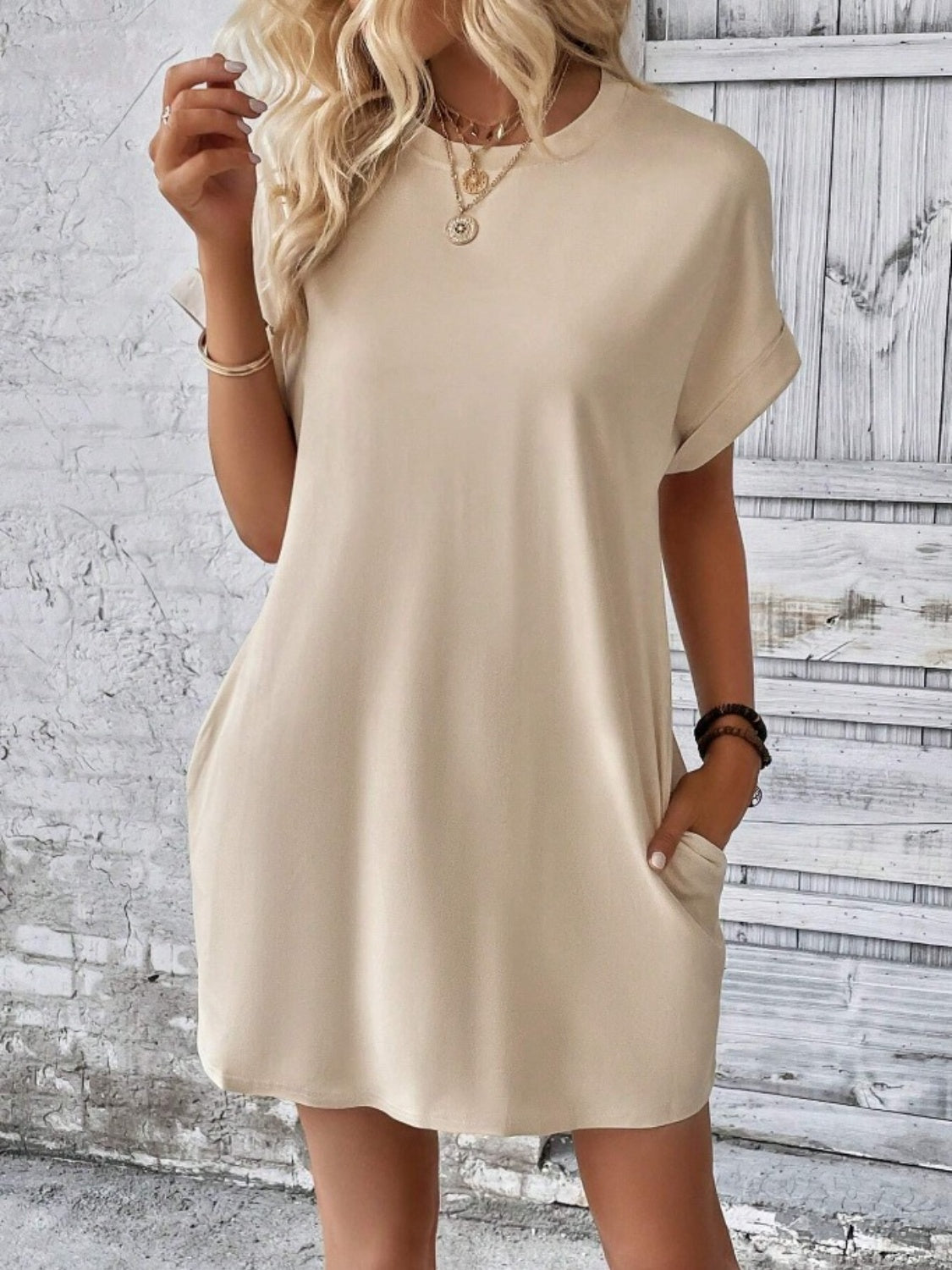 Pocketed Round Neck Short Sleeve Dress - RebelReine Apparel & Co.