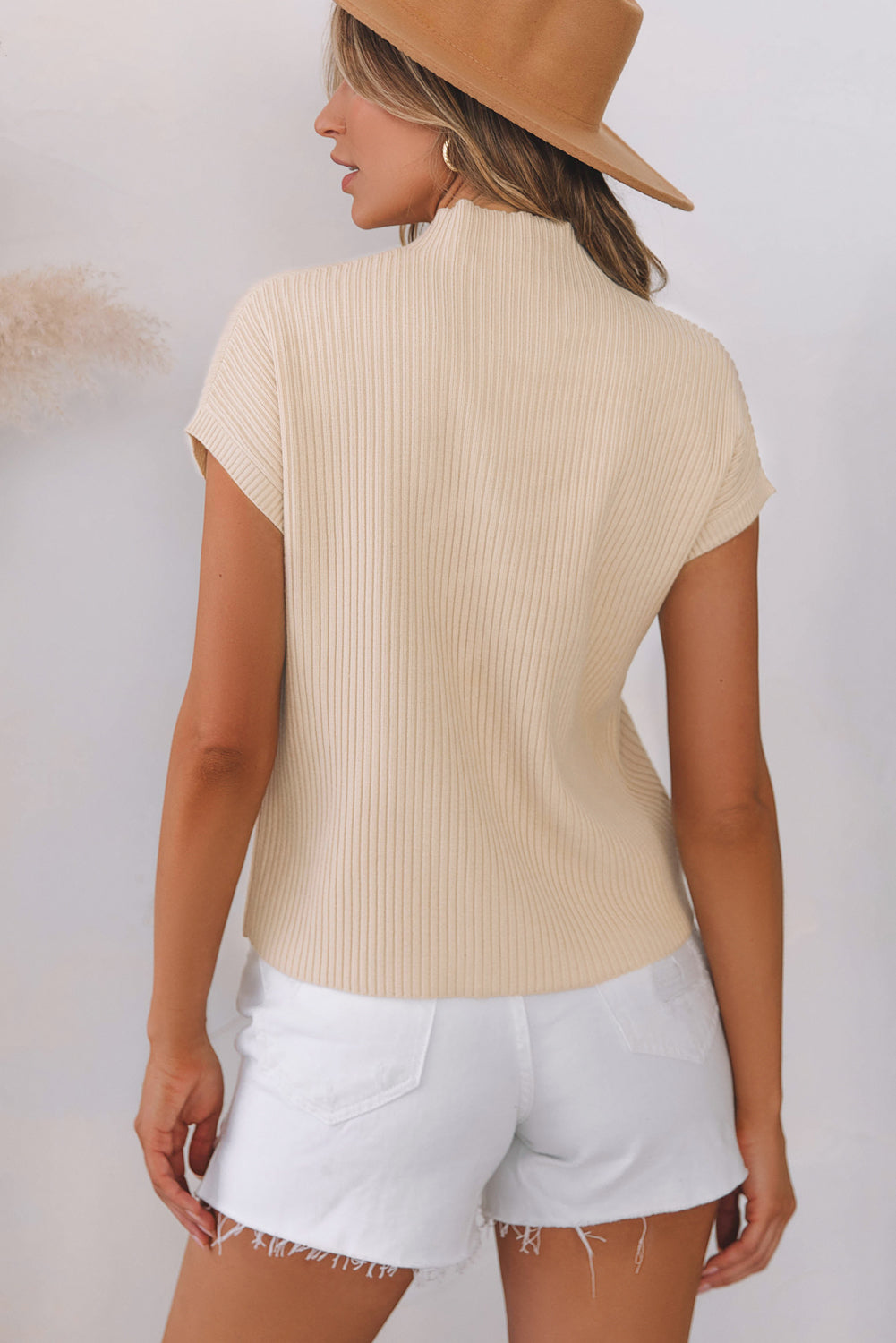 Oatmeal Patch Pocket Ribbed Knit Short Sleeve Sweater - RebelReine Apparel & Co.