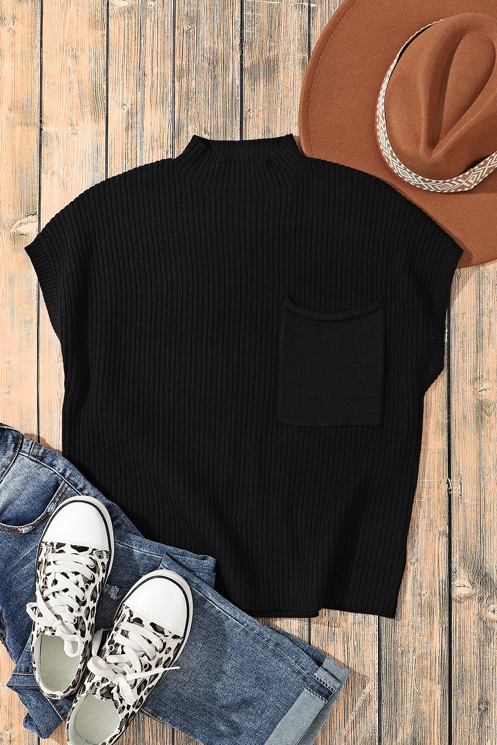 Black Patch Pocket Ribbed Knit Short Sleeve Sweater - RebelReine Apparel & Co.