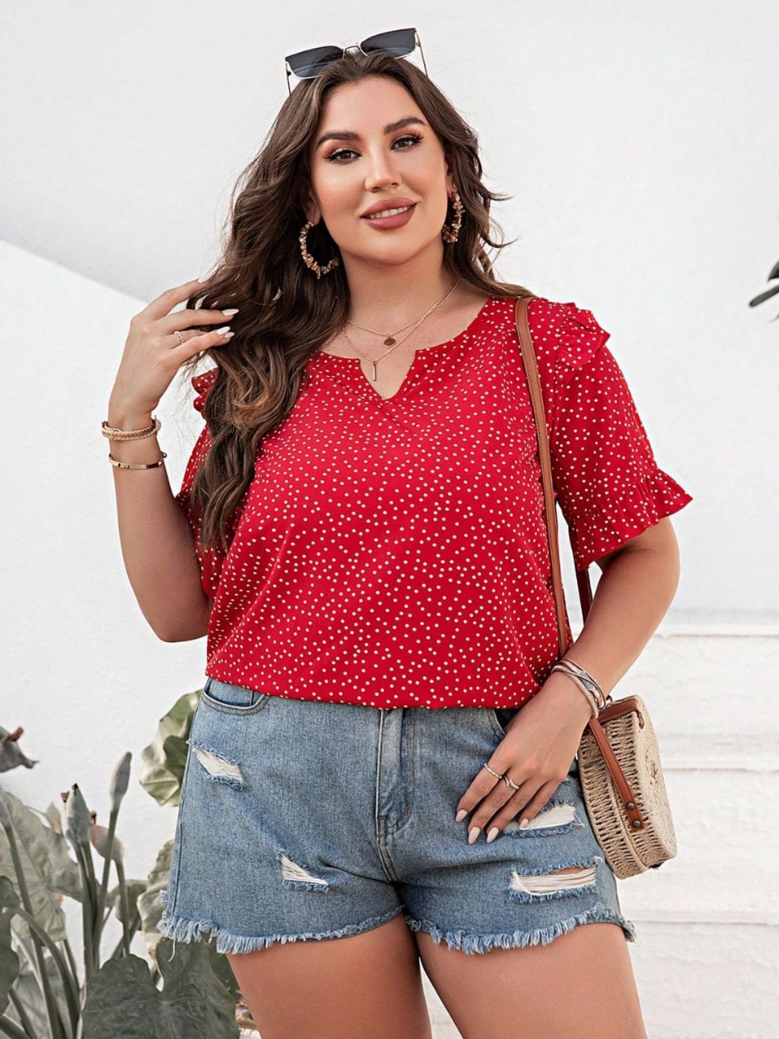 Plus Size Polka Dot Notched Flounce Sleeve Blouse - RebelReine Apparel & Co.