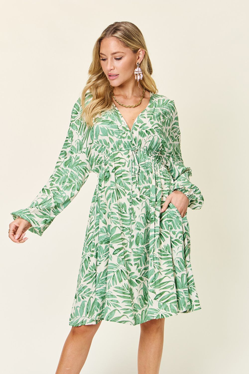 Double Take Full Size Printed Ruched Balloon Sleeve Dress - RebelReine Apparel & Co.