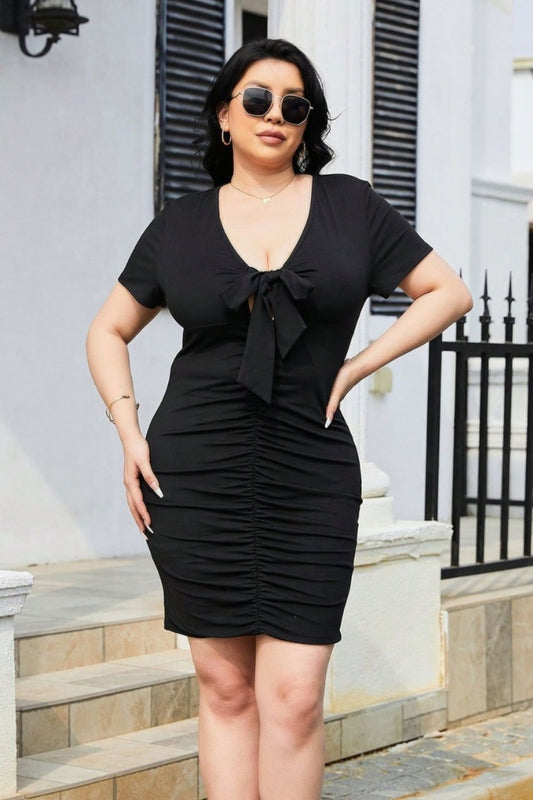 Plus Size Ruched Tied Short Sleeve Mini Dress - RebelReine Apparel & Co.