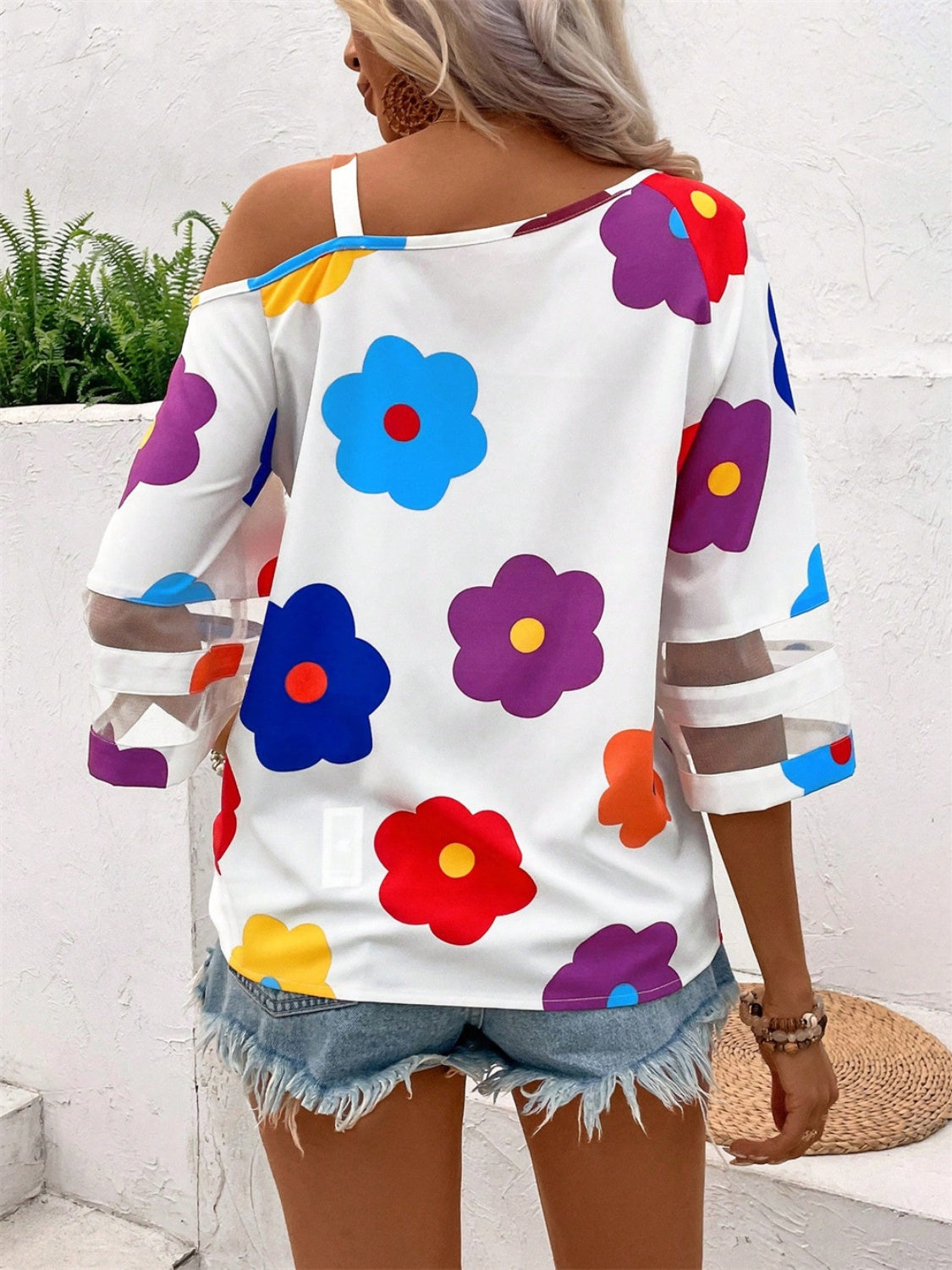 Flower Asymmetrical Neck Blouse - RebelReine Apparel & Co.