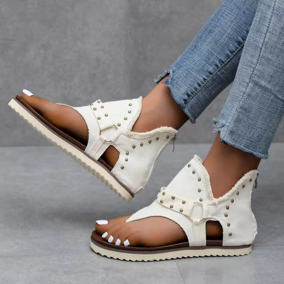 Studded Raw Hem Flat Sandals - RebelReine Apparel & Co.