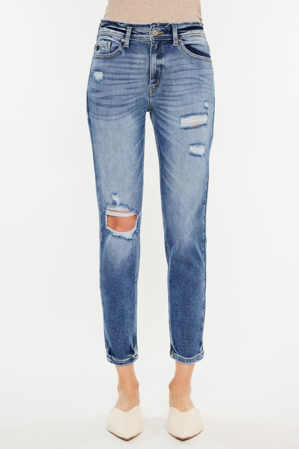 Kancan High Rise Distressed Mom Jeans - RebelReine Apparel & Co.