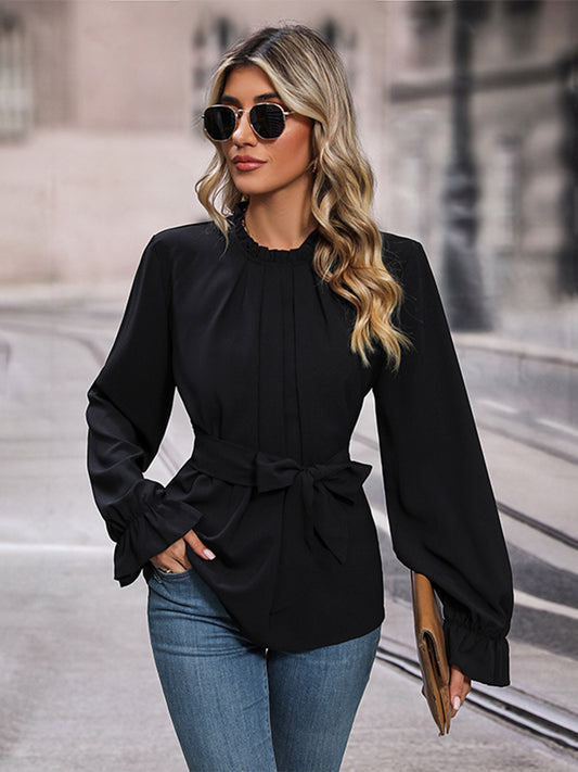 Round Neck Tie Waist Long Sleeve Blouse - RebelReine Apparel & Co.