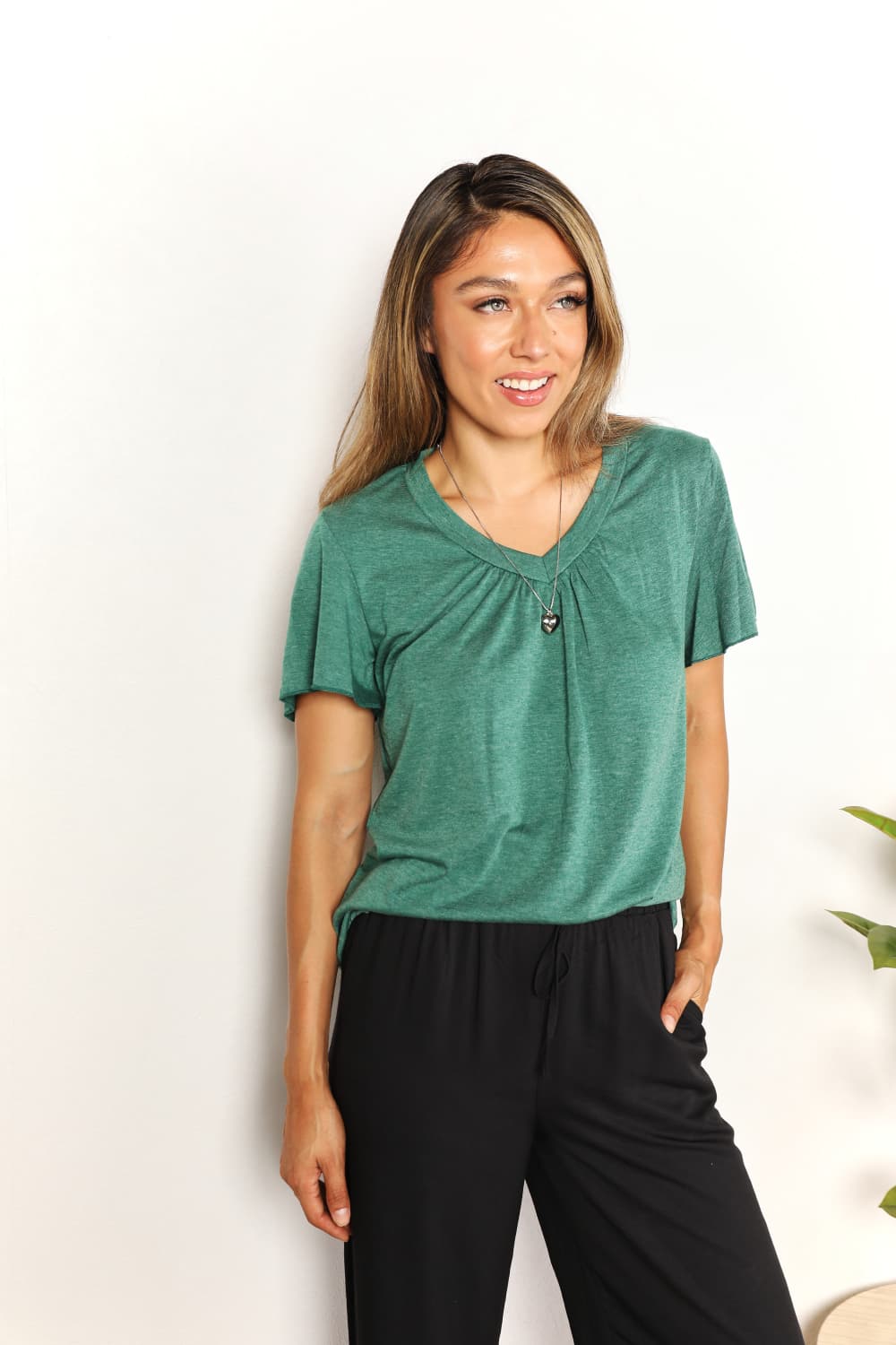 Double Take Ruched V-Neck Short Sleeve T-Shirt - RebelReine Apparel & Co.