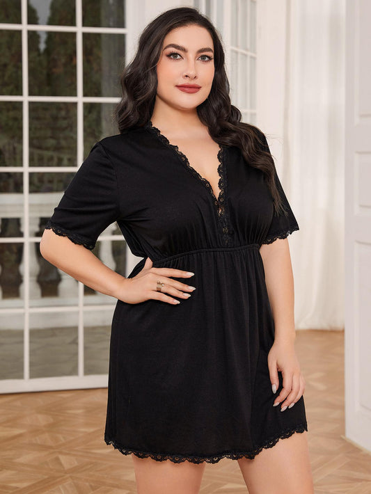 Plus Size Lace Trim Deep V Night Dress - RebelReine Apparel & Co.