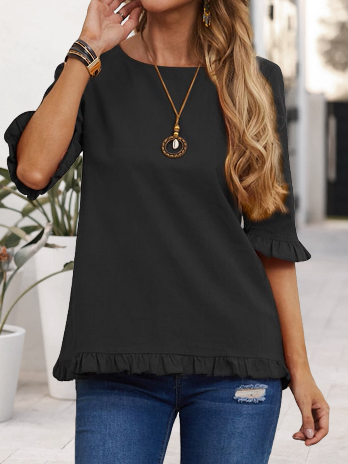 Ruffled Round Neck Half Sleeve Blouse - RebelReine Apparel & Co.