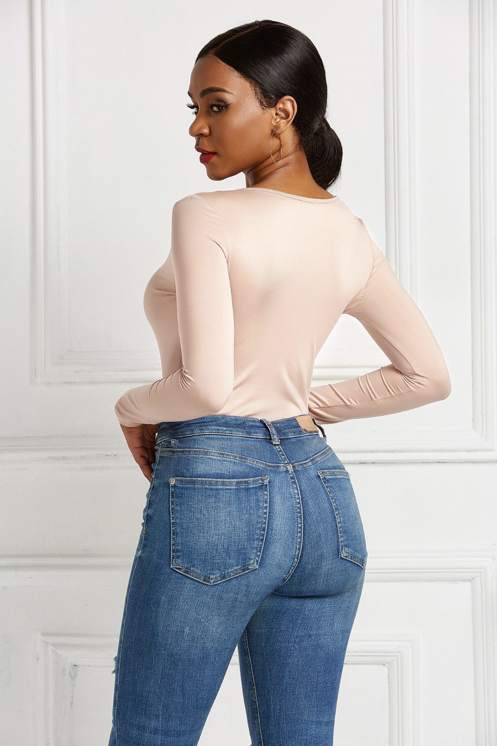 Half Zip Scoop Neck Long Sleeve Bodysuit Trendsi