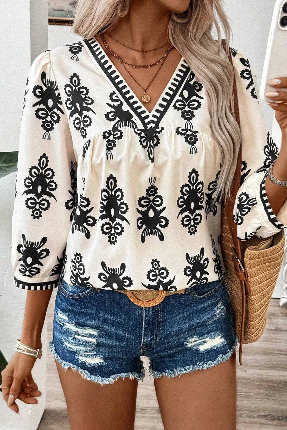 Printed V-Neck Three-Quarter Sleeve Blouse