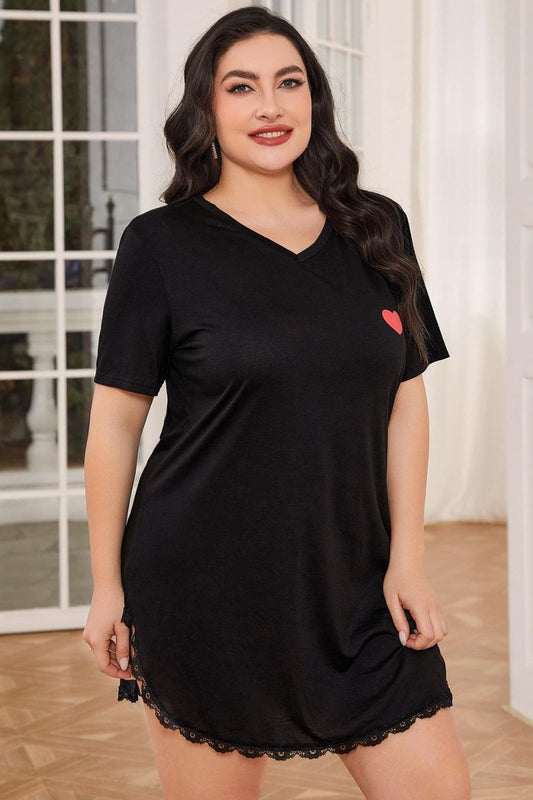 Plus Size Lace Trim V-Neck Short Sleeve Night Dress - RebelReine Apparel & Co.