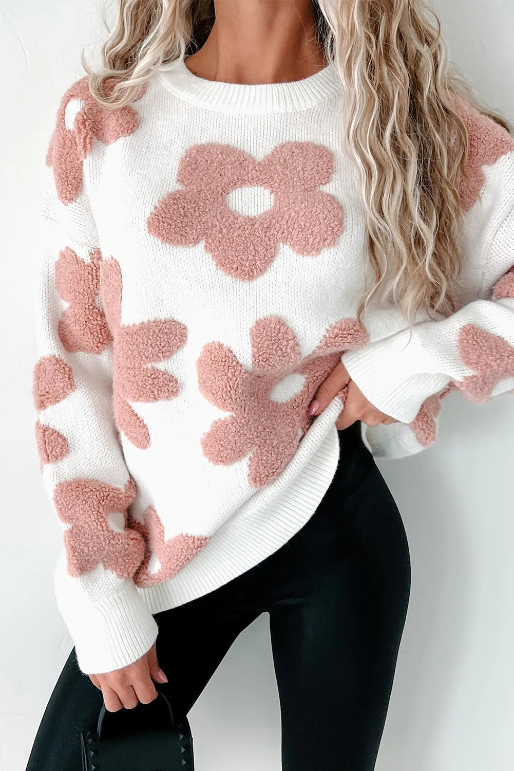 Flower Round Neck Long Sleeve Knit Top - RebelReine Apparel & Co.